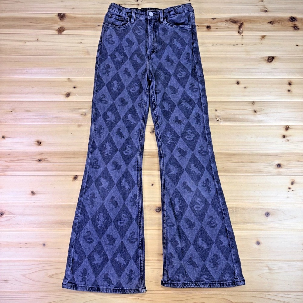 H&M Harry Potter Jeans Girls 14 Gray Wash Flared Patterned Argyle Print Denim